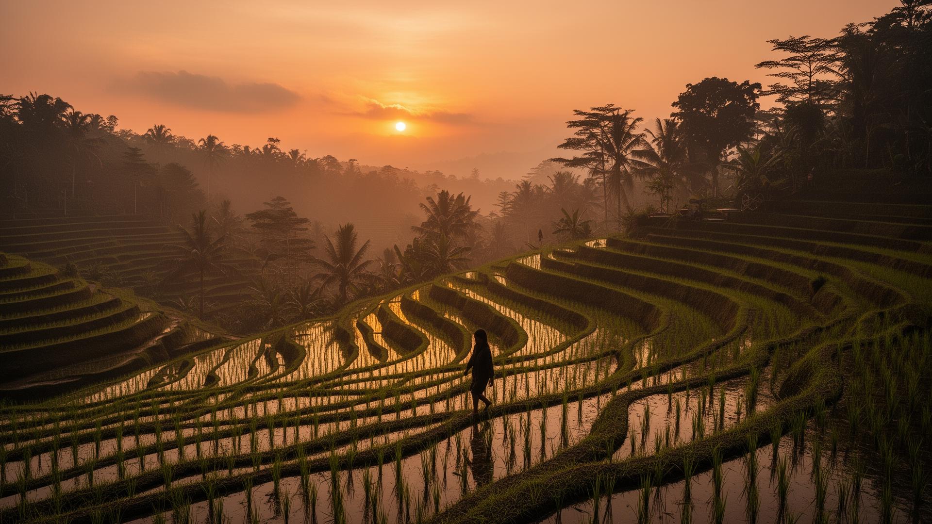 Atardecer cálido sobre terrazas de arroz en Asia Pacífico